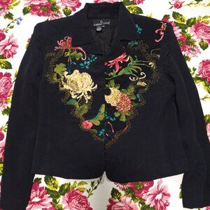 Vintage Carole Little Embroidered Jacket— Boho Floral— Black Rayon Blend